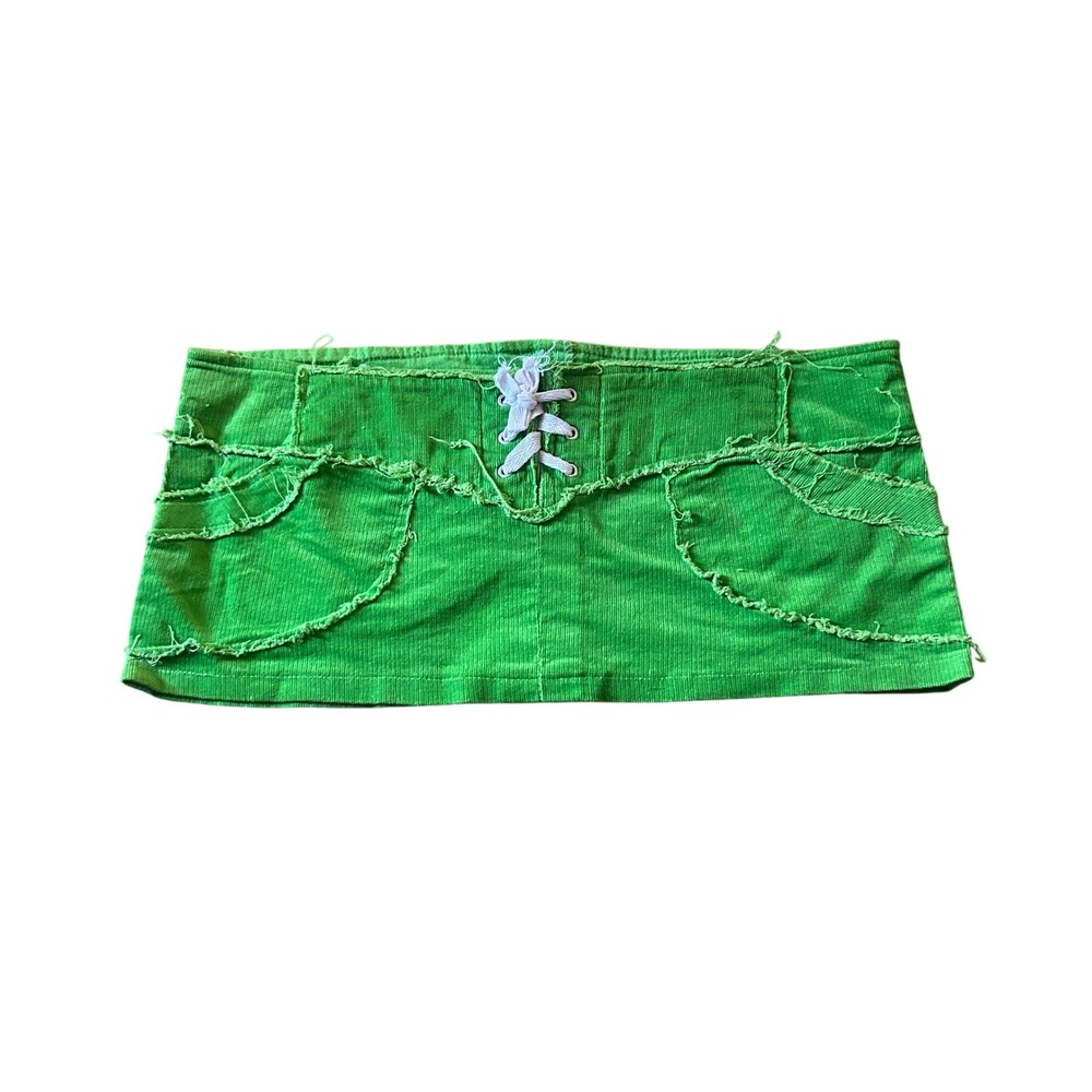 NP Style Green Corduroy Micro Mini Skirt Y2K Frayed Lace Up Low Rise